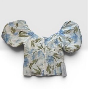 Sienna Sky Crop Top M Blue Floral Puff Sleeve Boho Cottagecore Euro Summer